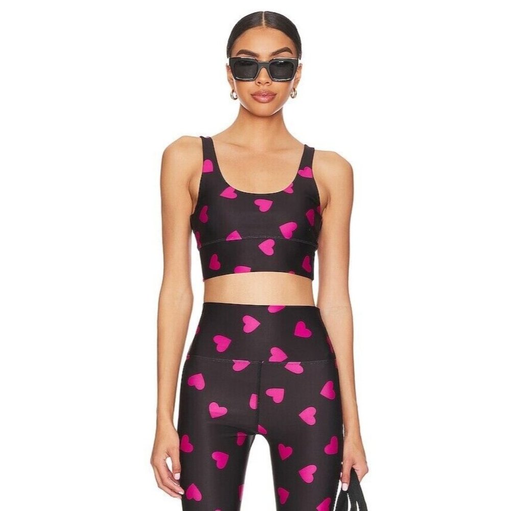 Beach Riot Black Crop Sports Bra & Leggings Set with Hot Pink Heart Print